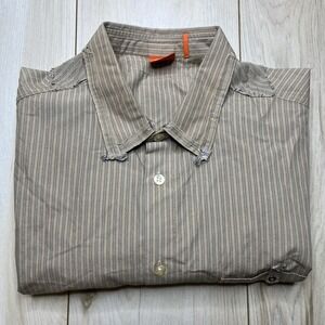 Hugo Boss Men's Button Up Striped Distressed Long Sleeve Shirt Beige Size Medium